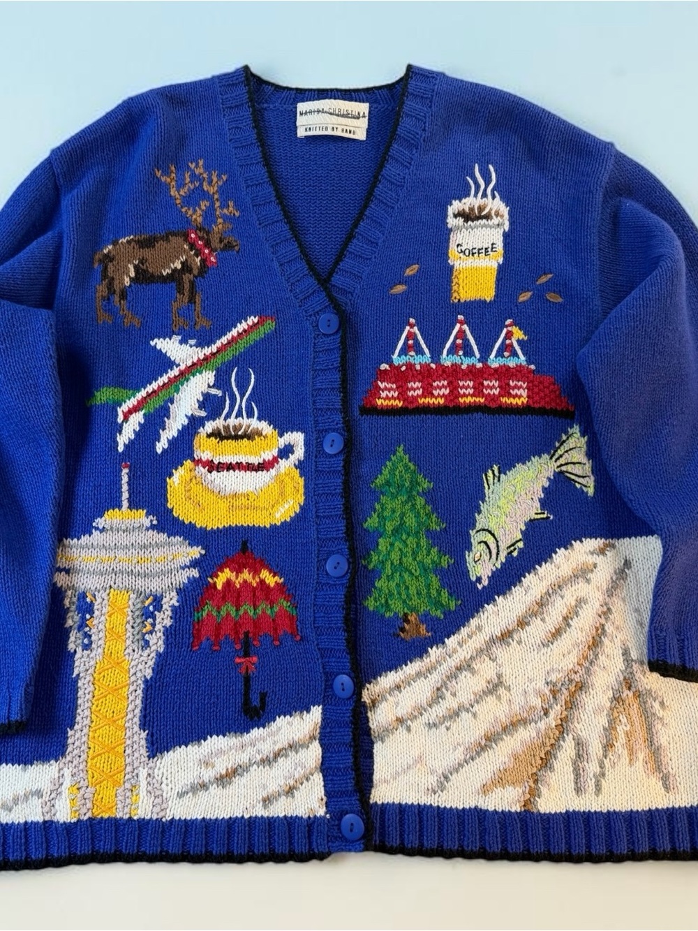 Marisa Christina Royal Blue Colorful Handknit Seattle Cardigan Sweater RARE